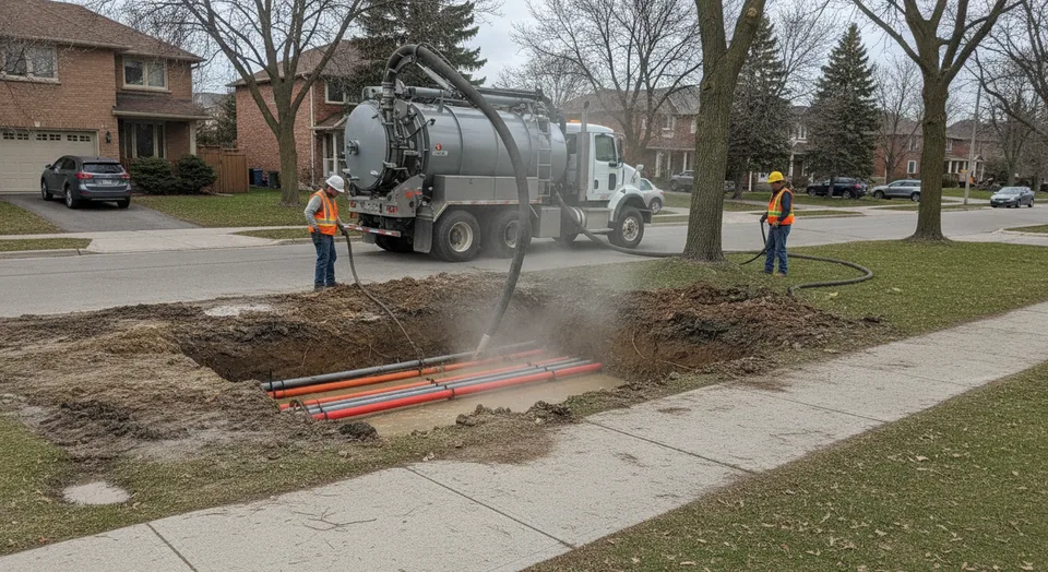 A hydrovac crew daylighting a buried duct bank beside a sidewalk on a Waterloo, Ontario street